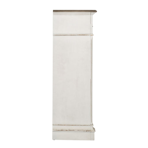 Commode 5 tiroirs – Blanc antique — Les poignées coquilles et anneaux en étain vieilli ajoutent la touche finale à la commode