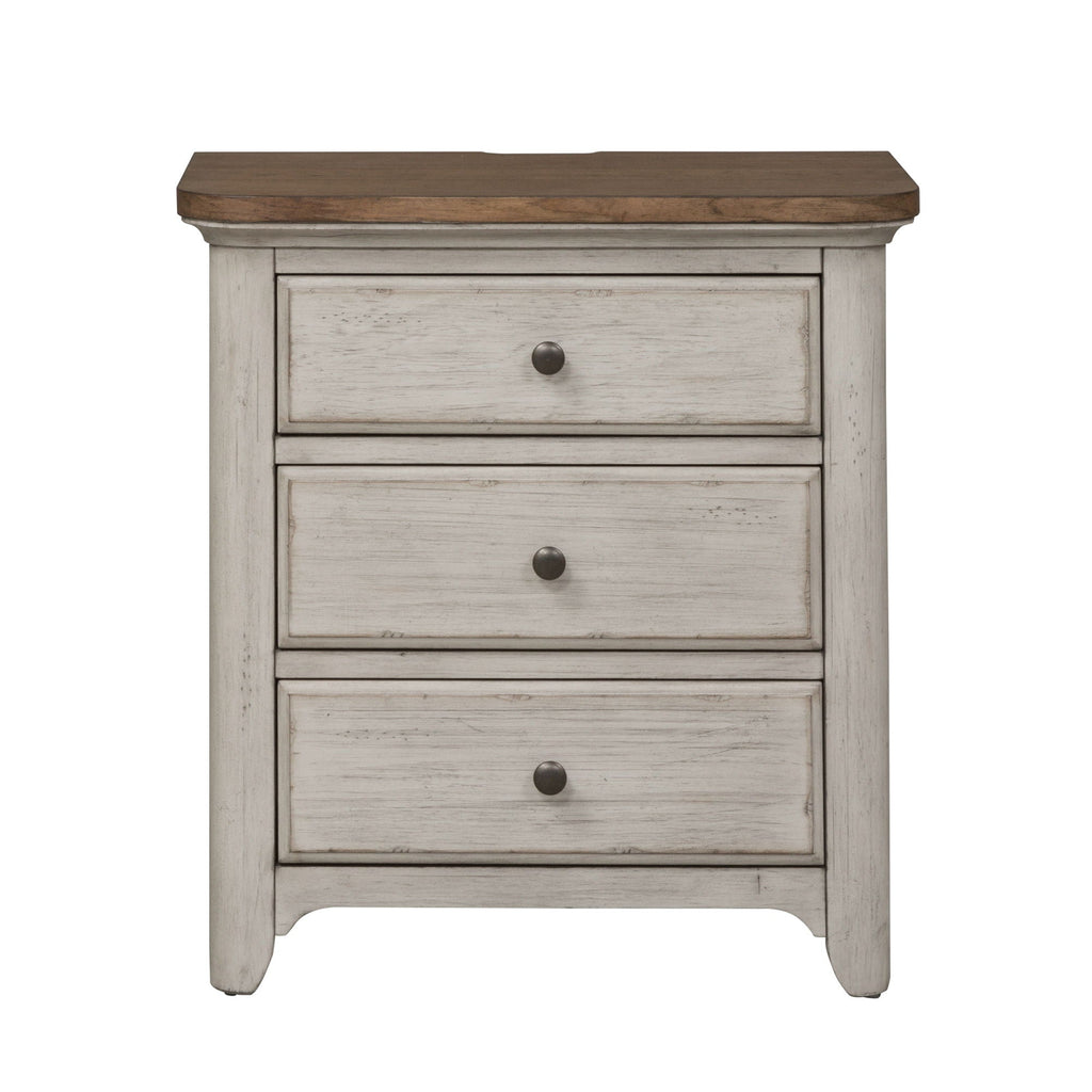 Table de chevet à 3 tiroirs avec station de charge - Blanc antique / Dessus couleur châtaigne — Des looks qui s'intègrent facilement dans les maisons d'aujourd'hui
