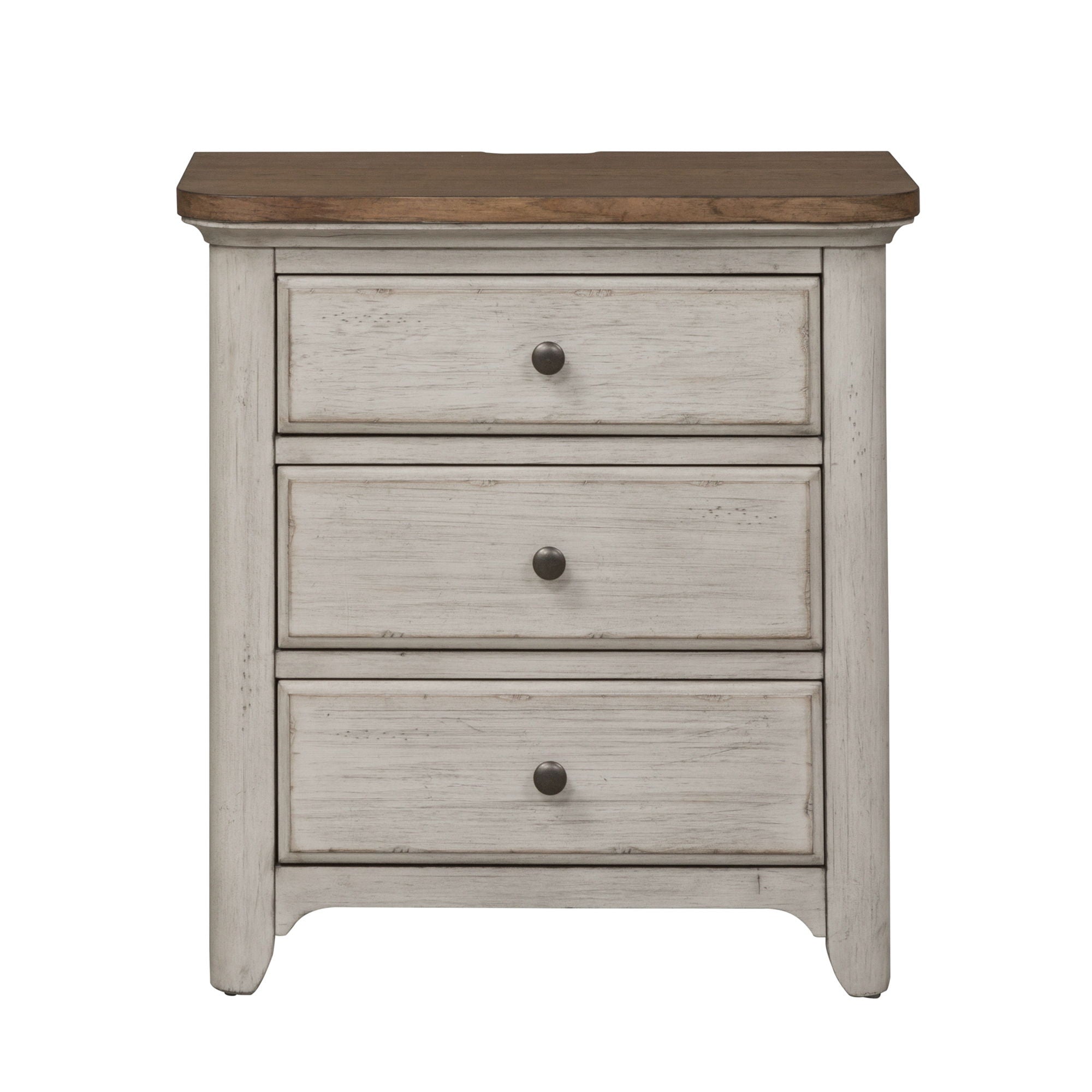 Table de chevet à 3 tiroirs avec station de charge - Blanc antique / Dessus couleur châtaigne — Des looks qui s'intègrent facilement dans les maisons d'aujourd'hui