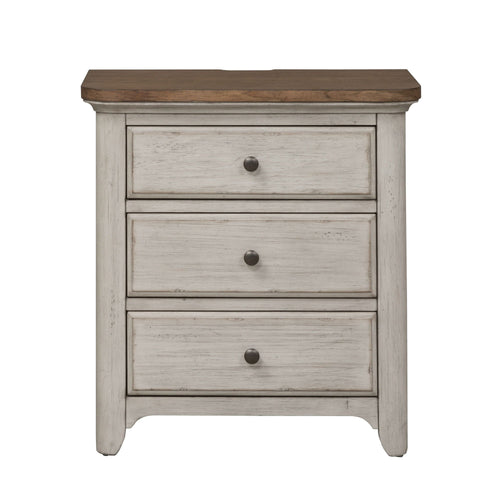 Table de chevet à 3 tiroirs avec station de charge - Blanc antique / Dessus couleur châtaigne — Des looks qui s'intègrent facilement dans les maisons d'aujourd'hui