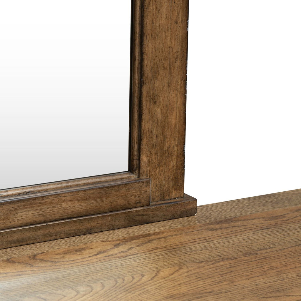 Commode et miroir - Ambre brun — fini ambré chaud rehaussé de moulures en superposition épaisses qui donnent dimension et texture