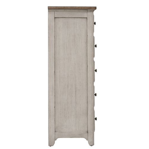 Commode 5 tiroirs – Blanc antique / Plateaux couleur châtaigne — ajoutez un style décontracté et vous obtenez un look classique avec une touche informelle