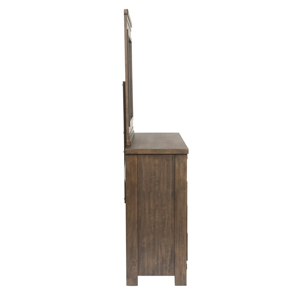 Commode et miroir – Brun battu par le roc — contemporain-Un mélange de matériaux avec des finis vieillis et des tissus texturés