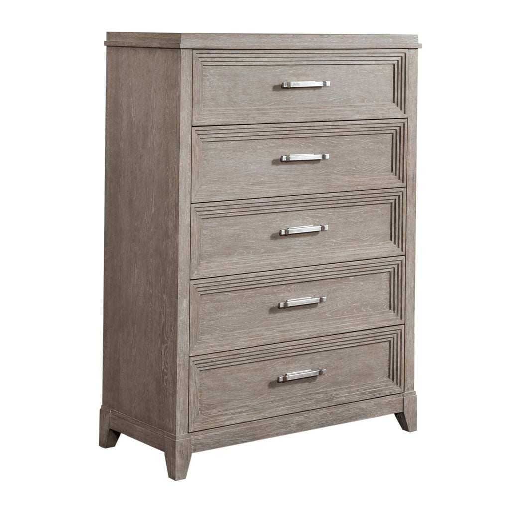 Commode 5 tiroirs - Taupe délavé — Les styles sont souvent simplistes avec des touches de luxe comme l'acier inoxydable ou le velours