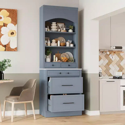 83.7H Kitchen Pantry, Freestanding Kitchen Hutch with Faux Marble Top, Cupboard Cabinet with 5 Drawers and Adjustable Shelf - ModernLuxe