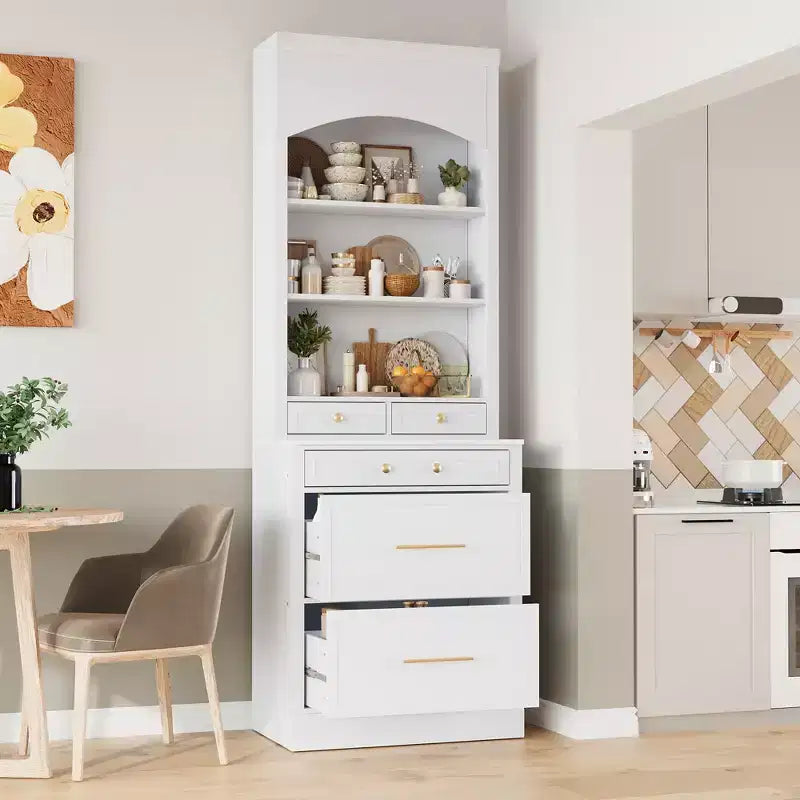 83.7H Kitchen Pantry, Freestanding Kitchen Hutch with Faux Marble Top, Cupboard Cabinet with 5 Drawers and Adjustable Shelf - ModernLuxe