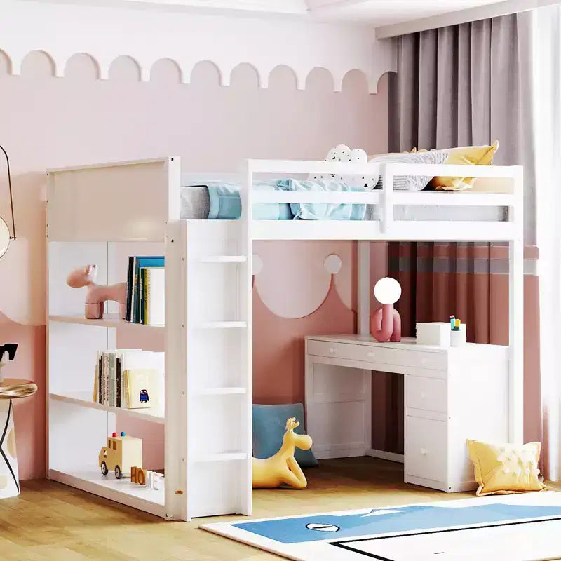 Twin/Full Size Loft Bed with Ladder, Shelves and Desk with Drawers - ModernLuxe