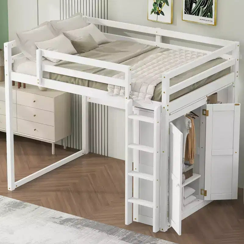 Whisen 79.5''L  57.0''W Wood Full Size Loft Bed with Built-in Wardrobe, Storage Shelves and Led light