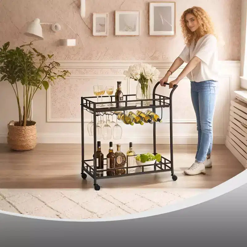 LEDREM Bar Cart , Home Bar Serving Cart, Wine Cart With 2 Mirrored Shelves, Wine Holders, Glass Holders, For Kitchen, Dining Room