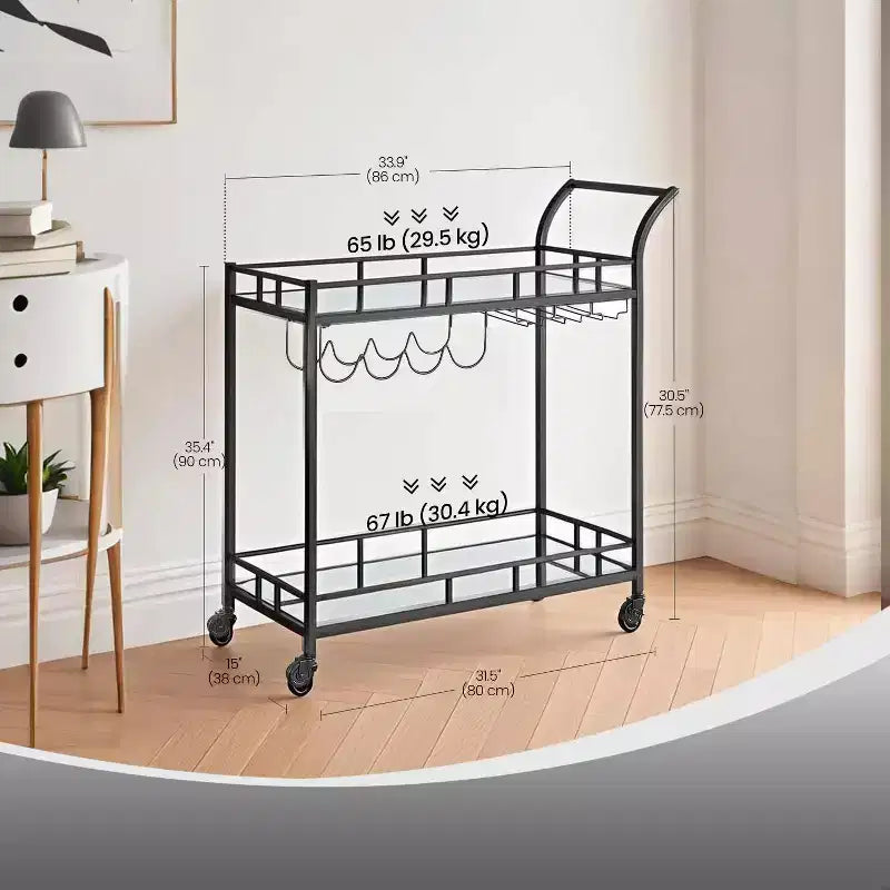 LEDREM Bar Cart , Home Bar Serving Cart, Wine Cart With 2 Mirrored Shelves, Wine Holders, Glass Holders, For Kitchen, Dining Room