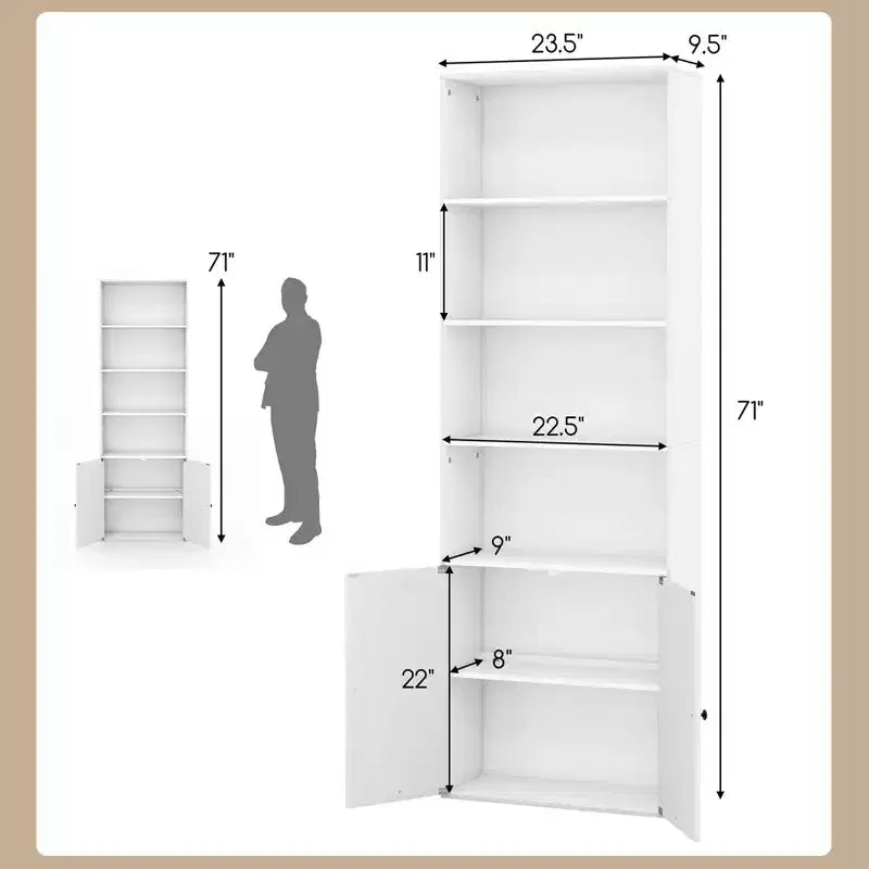 Costway 71 Farmhouse Bookcase with Doors with 6 Shelves & 2-Door Cabinet for Bedroom White/Black