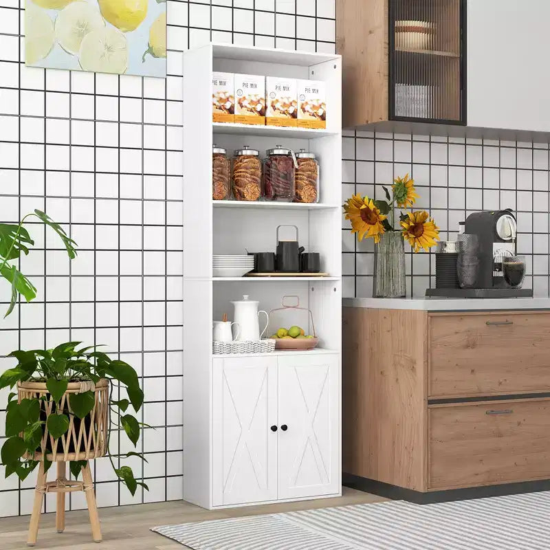 Costway 71 Farmhouse Bookcase with Doors with 6 Shelves & 2-Door Cabinet for Bedroom White/Black