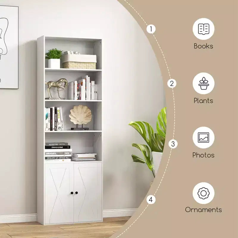 Costway 71 Farmhouse Bookcase with Doors with 6 Shelves & 2-Door Cabinet for Bedroom White/Black