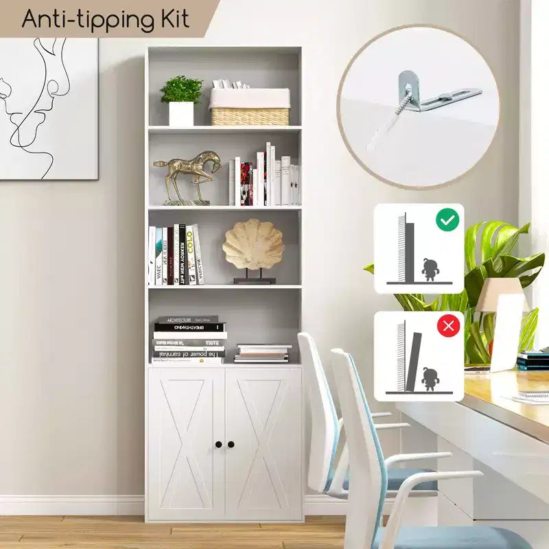 Costway 71 Farmhouse Bookcase with Doors with 6 Shelves & 2-Door Cabinet for Bedroom White/Black