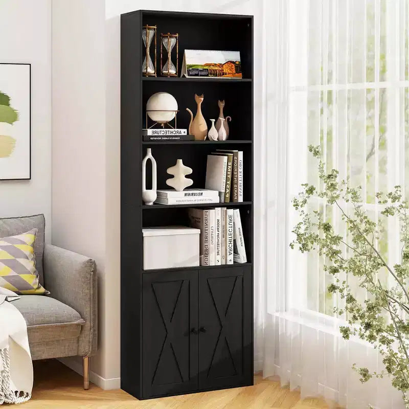 Costway 71 Farmhouse Bookcase with Doors with 6 Shelves & 2-Door Cabinet for Bedroom White/Black