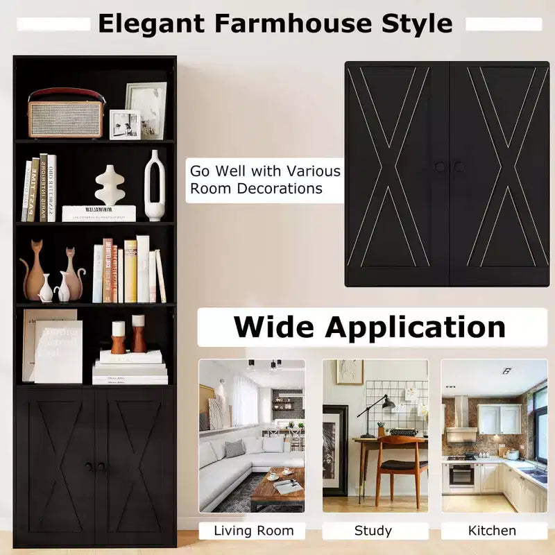 Costway 71 Farmhouse Bookcase with Doors with 6 Shelves & 2-Door Cabinet for Bedroom White/Black