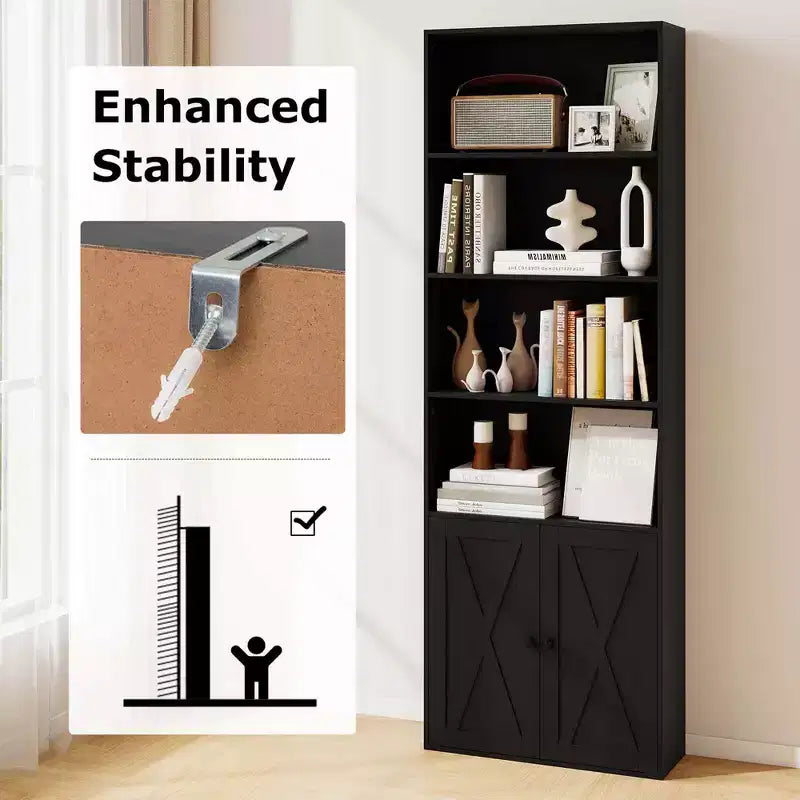 Costway 71 Farmhouse Bookcase with Doors with 6 Shelves & 2-Door Cabinet for Bedroom White/Black