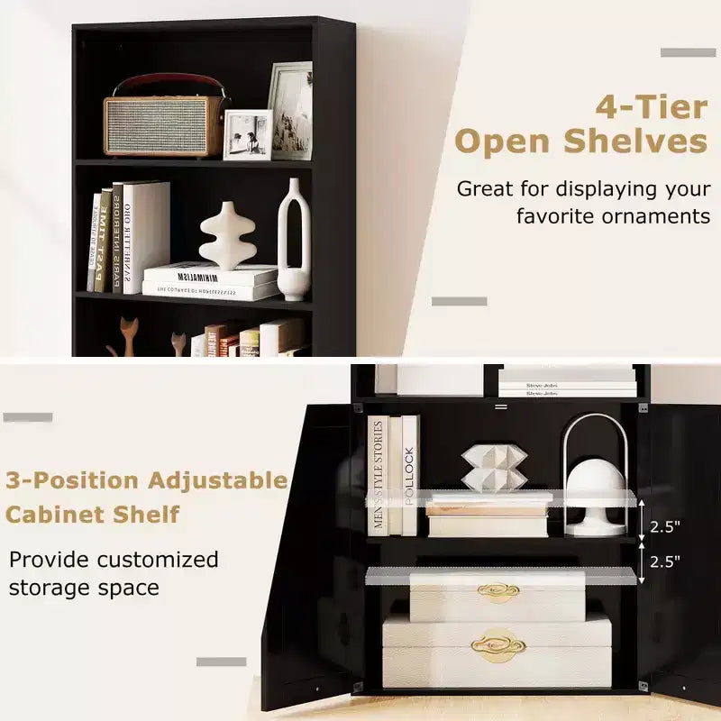 Costway 71 Farmhouse Bookcase with Doors with 6 Shelves & 2-Door Cabinet for Bedroom White/Black