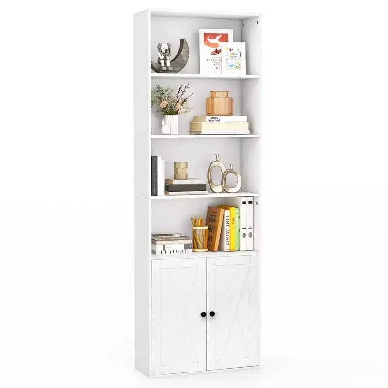 Costway 71 Farmhouse Bookcase with Doors with 6 Shelves & 2-Door Cabinet for Bedroom White/Black