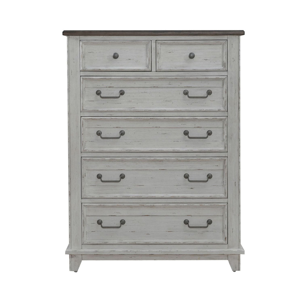 Commode 6 tiroirs - Blanc Riverstone et Tabac — Le style Cottage et Campagne trouve le parfait équilibre entre la vie côtière et une atmosphère douillette