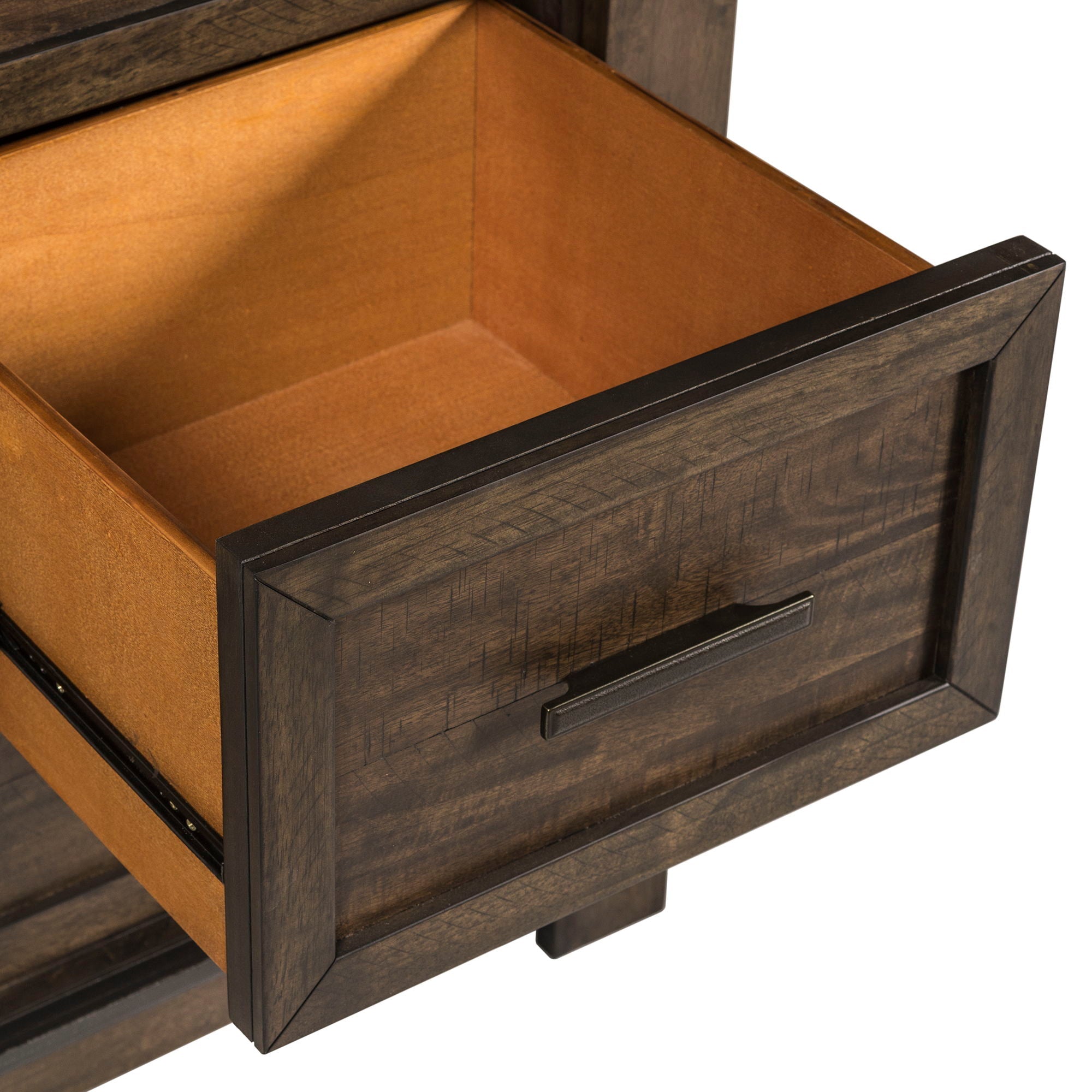 Commode et miroir – Brun battu par le roc — contemporain-Un mélange de matériaux avec des finis vieillis et des tissus texturés