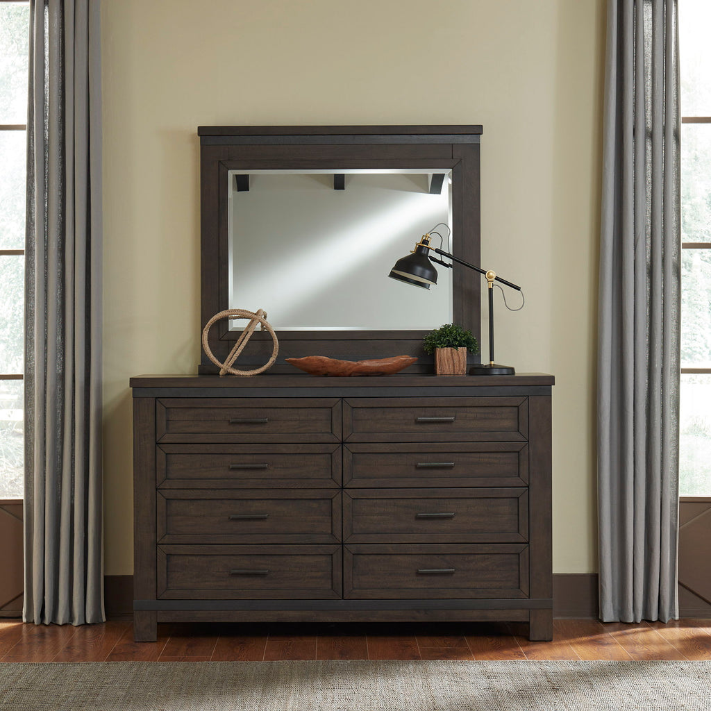 Commode et miroir – Brun battu par le roc — contemporain-Un mélange de matériaux avec des finis vieillis et des tissus texturés