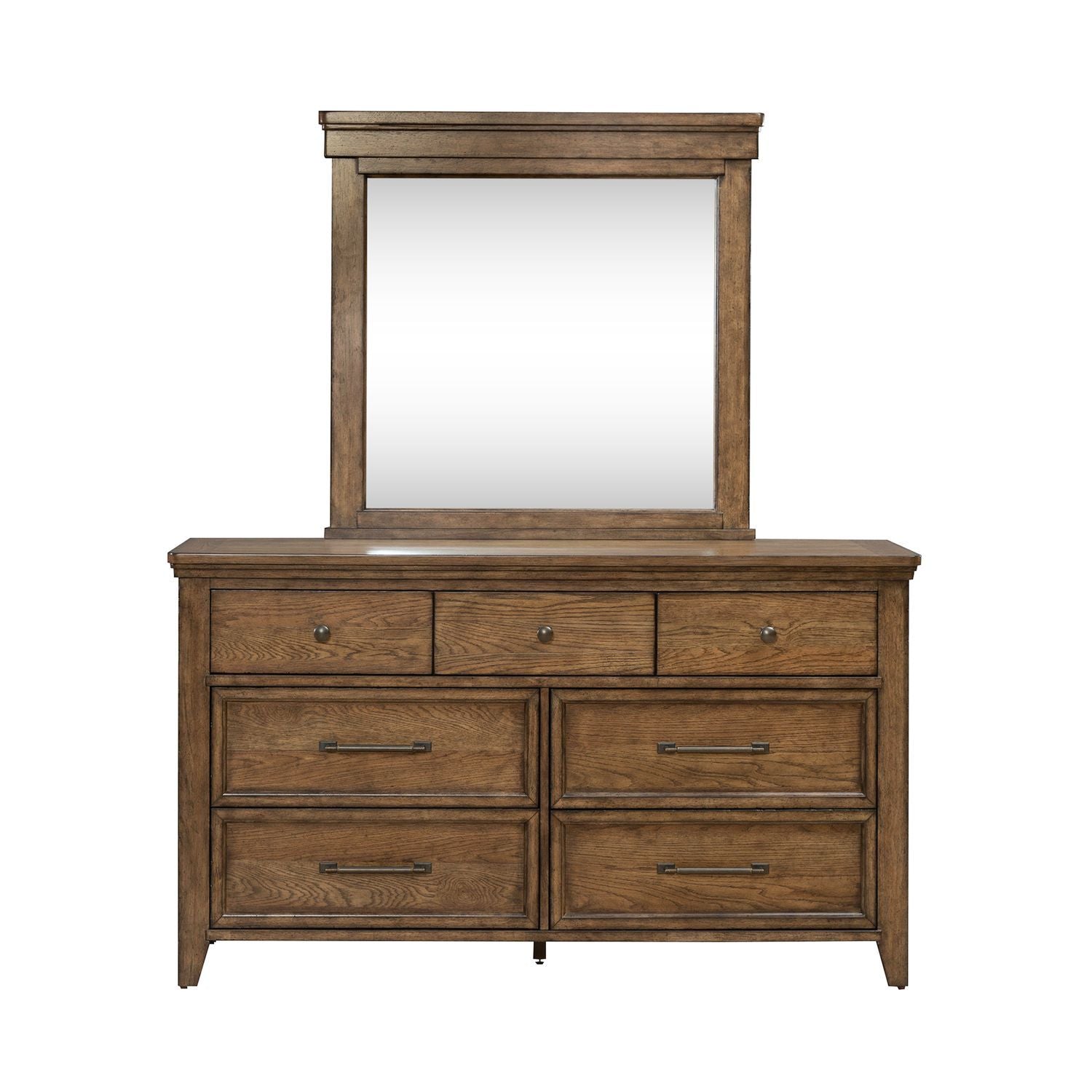 Commode et miroir - Ambre brun — fini ambré chaud rehaussé de moulures en superposition épaisses qui donnent dimension et texture
