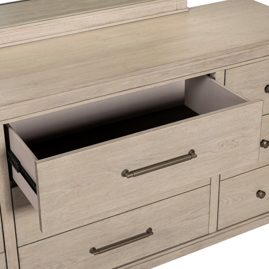 Commode et miroir - Blanc Sanctuaire — offre un style transitionnel mêlant éléments traditionnels et contemporains