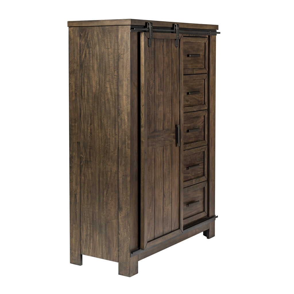 Commode à portes coulissantes – Marron vieilli – contemporain – Un mélange de matériaux aux finitions vieillies et aux tissus texturés.