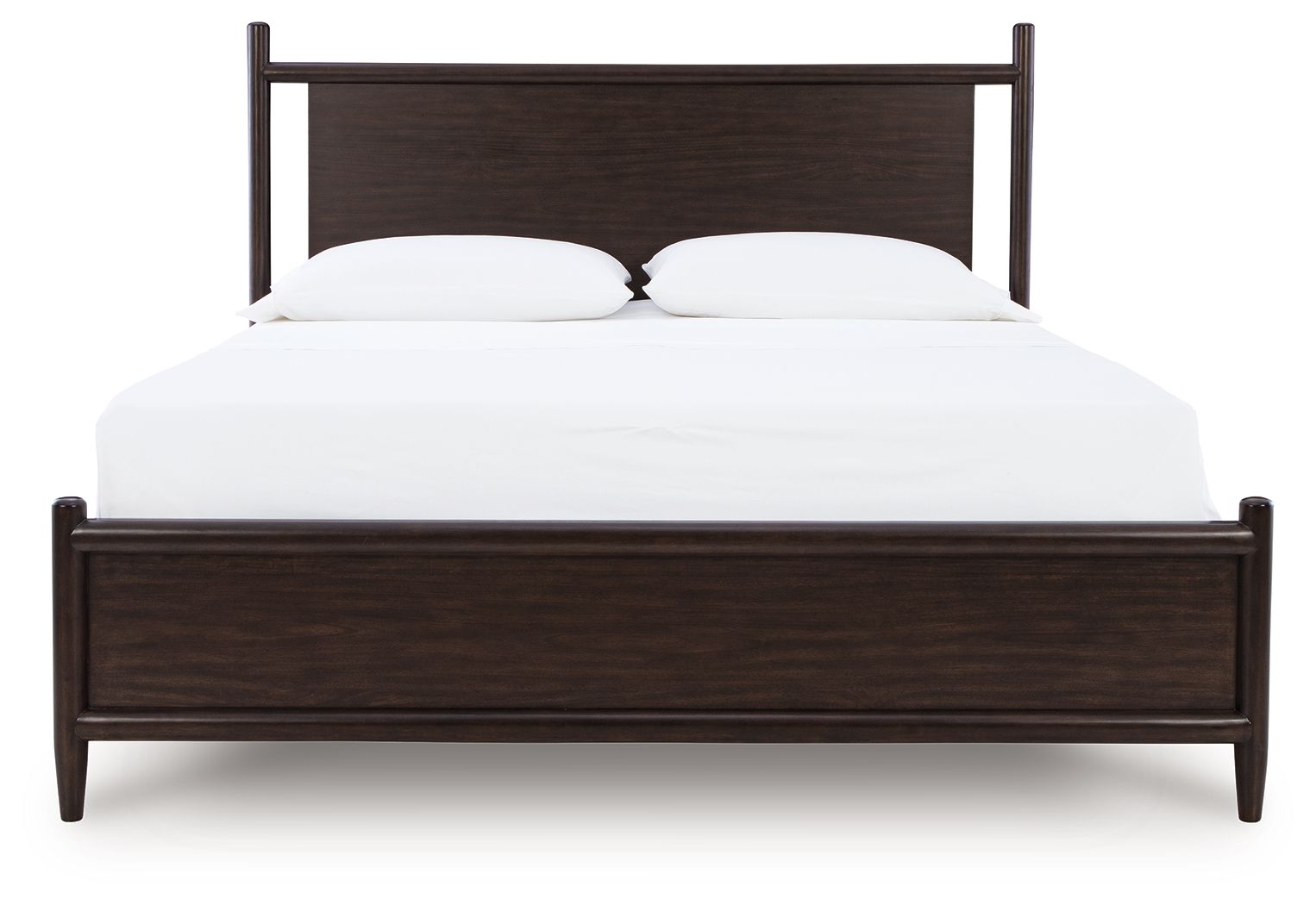 Lit à panneaux — Son design à la fois simple et chic, avec des cadres en bois arrondis et une riche finition merlot, dégage une atmosphère urbaine.