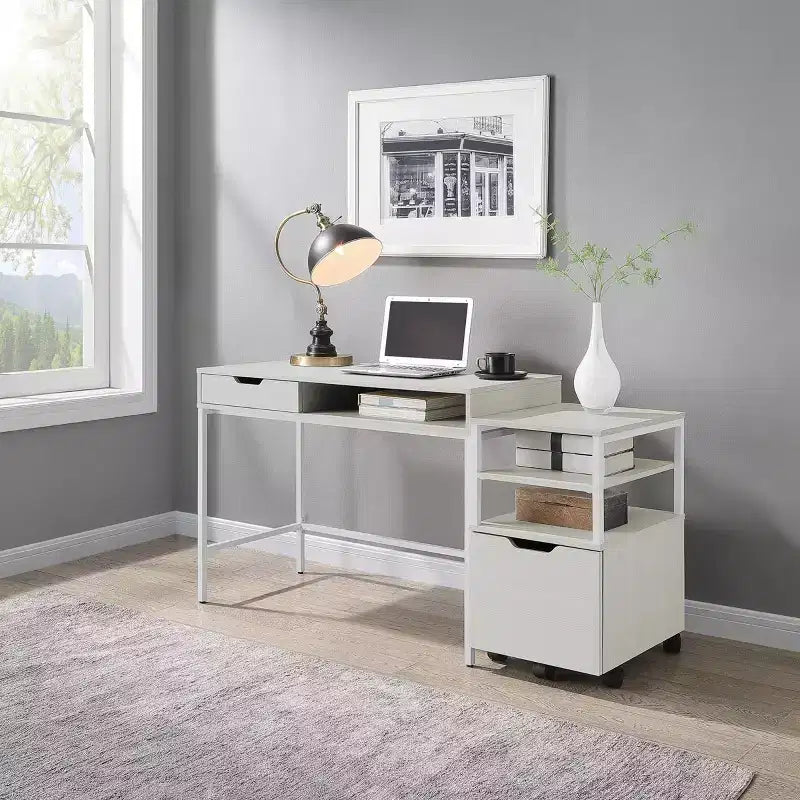 40" Contempo Desk with Drawer and Shelf White Oak - OSP Home Furnishings: Sturdy Steel Frame, MDF Surface