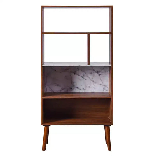 58" Kingston Bookshelf with Faux Marble Top Solid Wood Leg Walnut - Teamson Home: Mid-Century Storage, 4 Open Shelves