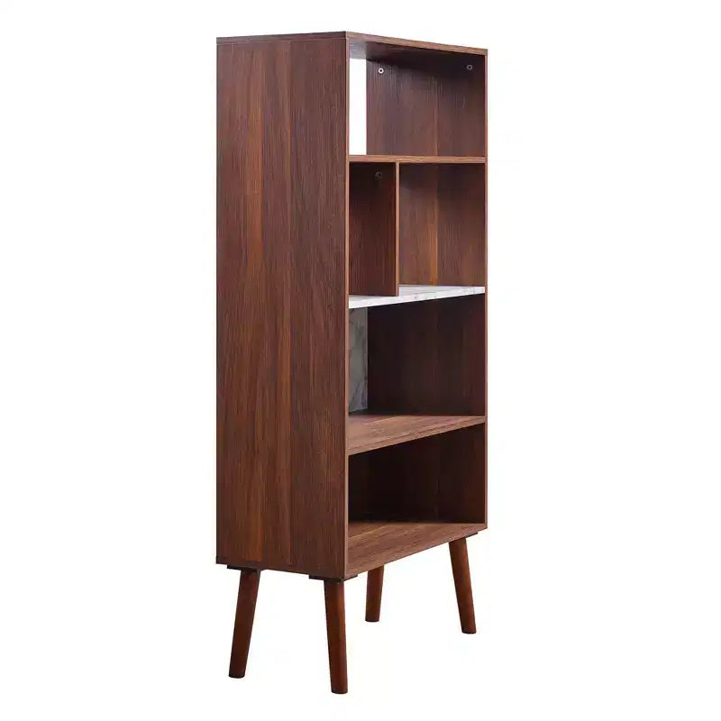 58" Kingston Bookshelf with Faux Marble Top Solid Wood Leg Walnut - Teamson Home: Mid-Century Storage, 4 Open Shelves