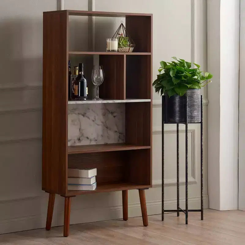 58" Kingston Bookshelf with Faux Marble Top Solid Wood Leg Walnut - Teamson Home: Mid-Century Storage, 4 Open Shelves
