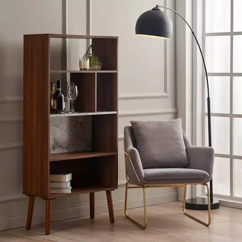 58" Kingston Bookshelf with Faux Marble Top Solid Wood Leg Walnut - Teamson Home: Mid-Century Storage, 4 Open Shelves