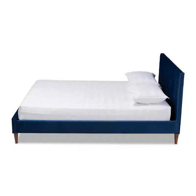 Queen Frida Platform Bed Navy Blue - Baxton Studio: Mid-Century Design, Tapered Legs, Velvet Upholstery