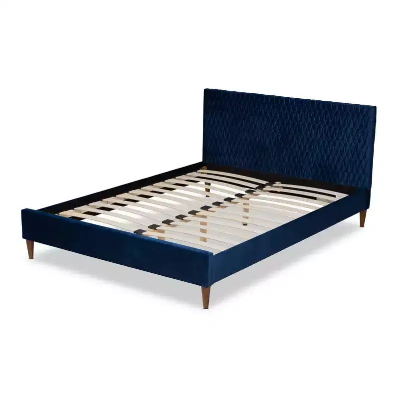 Queen Frida Platform Bed Navy Blue - Baxton Studio: Mid-Century Design, Tapered Legs, Velvet Upholstery