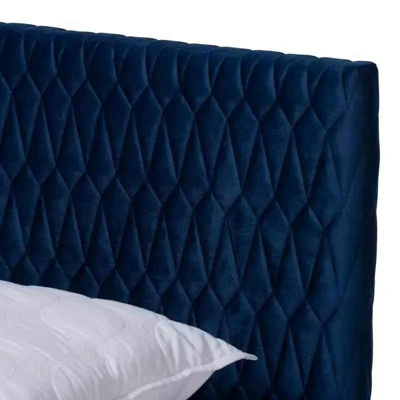 Queen Frida Platform Bed Navy Blue - Baxton Studio: Mid-Century Design, Tapered Legs, Velvet Upholstery