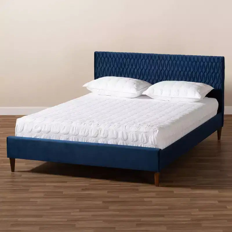 Queen Frida Platform Bed Navy Blue - Baxton Studio: Mid-Century Design, Tapered Legs, Velvet Upholstery