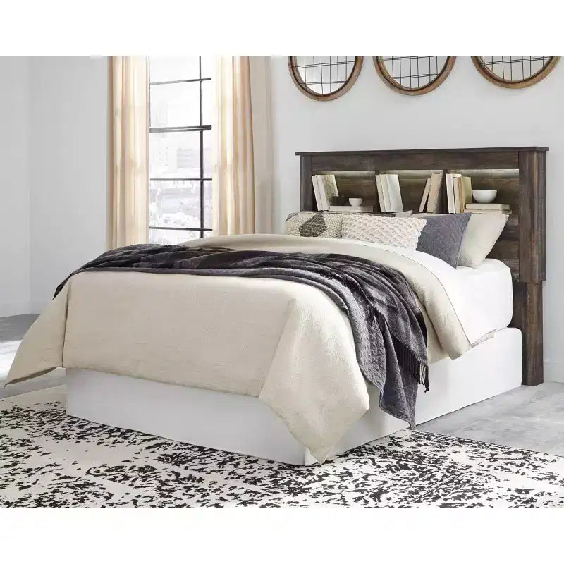 Queen/Full Drystan Bookcase Headboard - Signature Design by Ashley: LED Lighting, Rustic Finish
