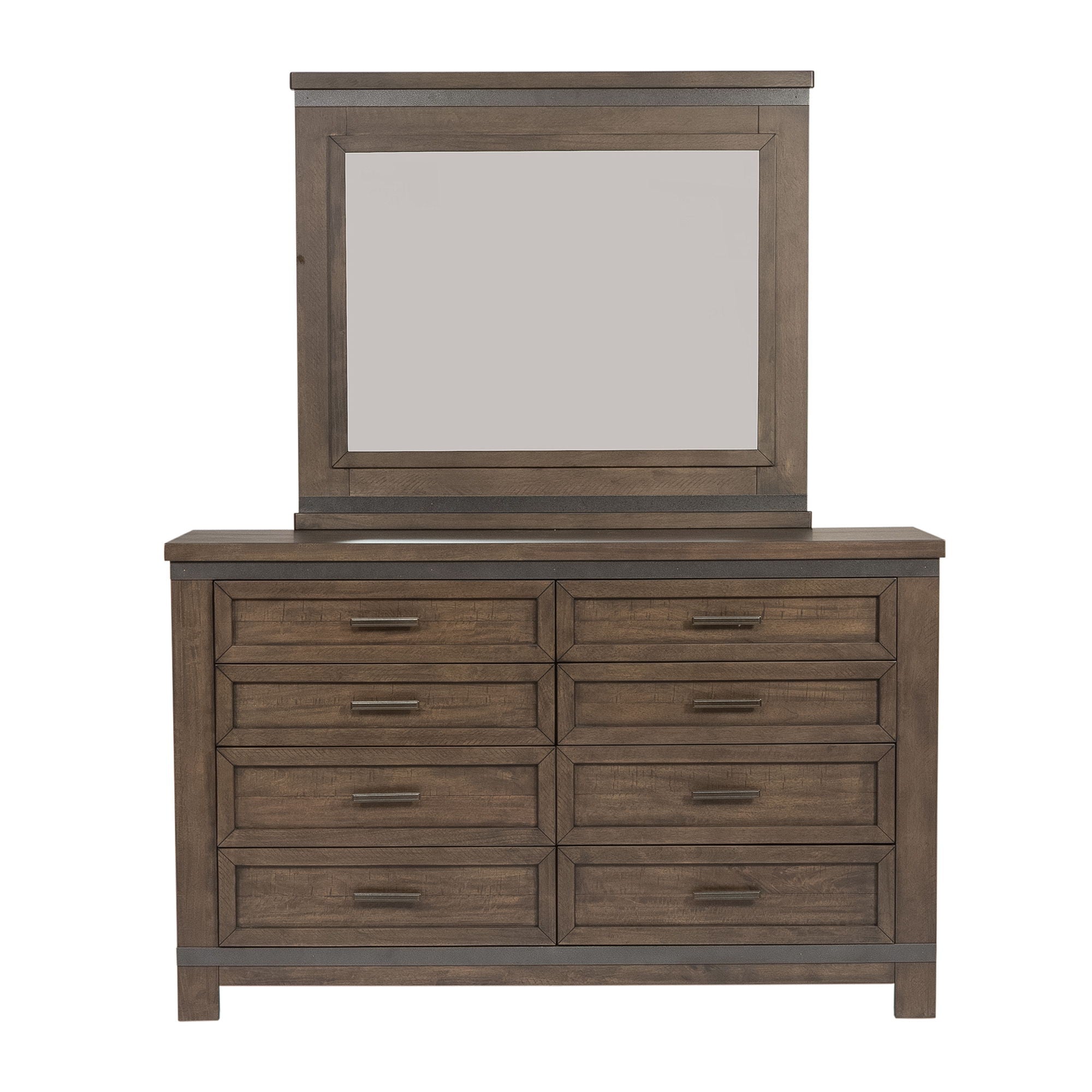 Commode et miroir – Brun battu par le roc — contemporain-Un mélange de matériaux avec des finis vieillis et des tissus texturés