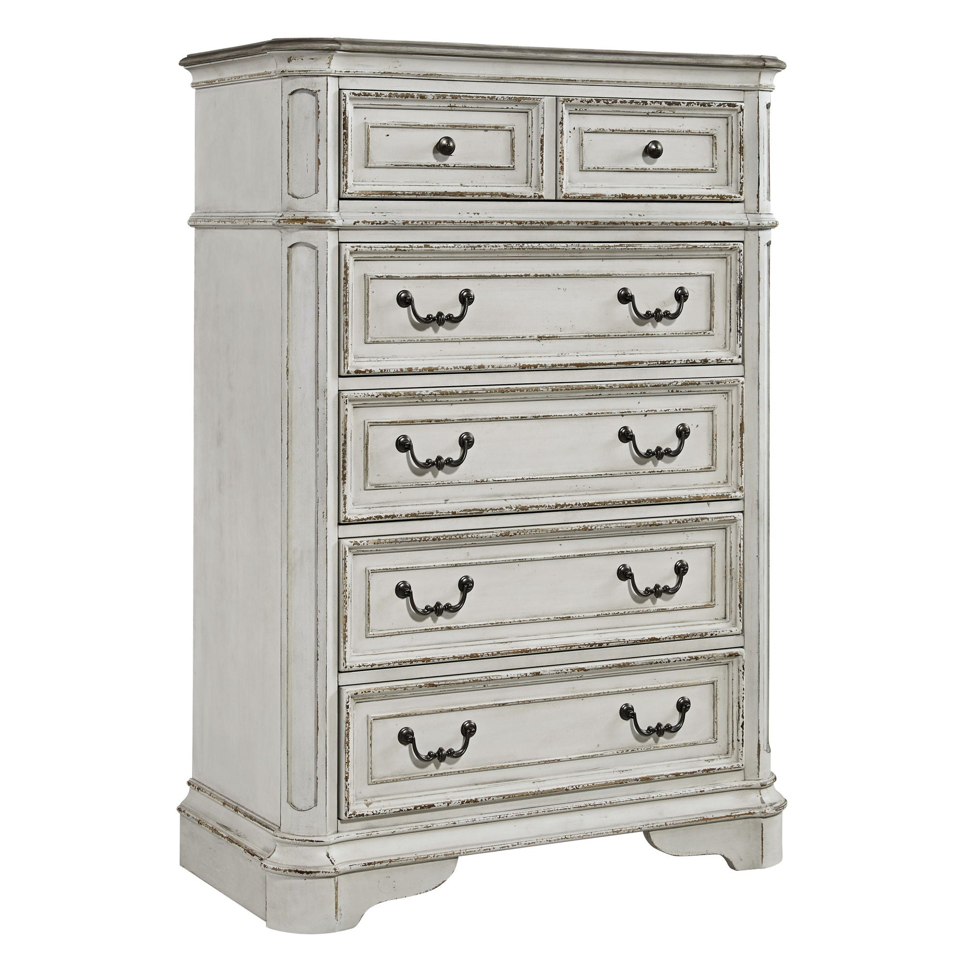 Commode 5 tiroirs — Des finitions antiques chaleureuses et un vieillissement artistique, associés à des dimensions généreuses, un ensemble à transmettre de génération en génération