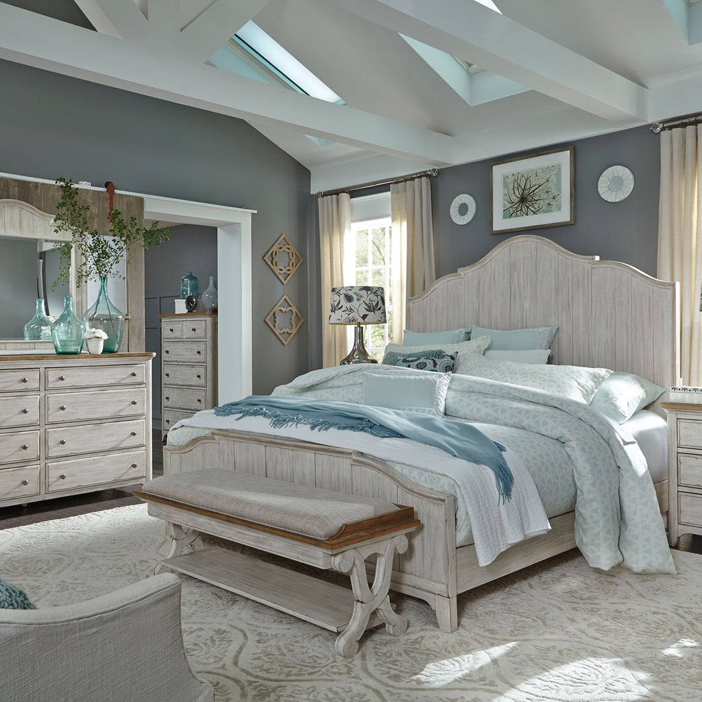 Commode 5 tiroirs – Blanc antique / Plateaux couleur châtaigne — ajoutez un style décontracté et vous obtenez un look classique avec une touche informelle