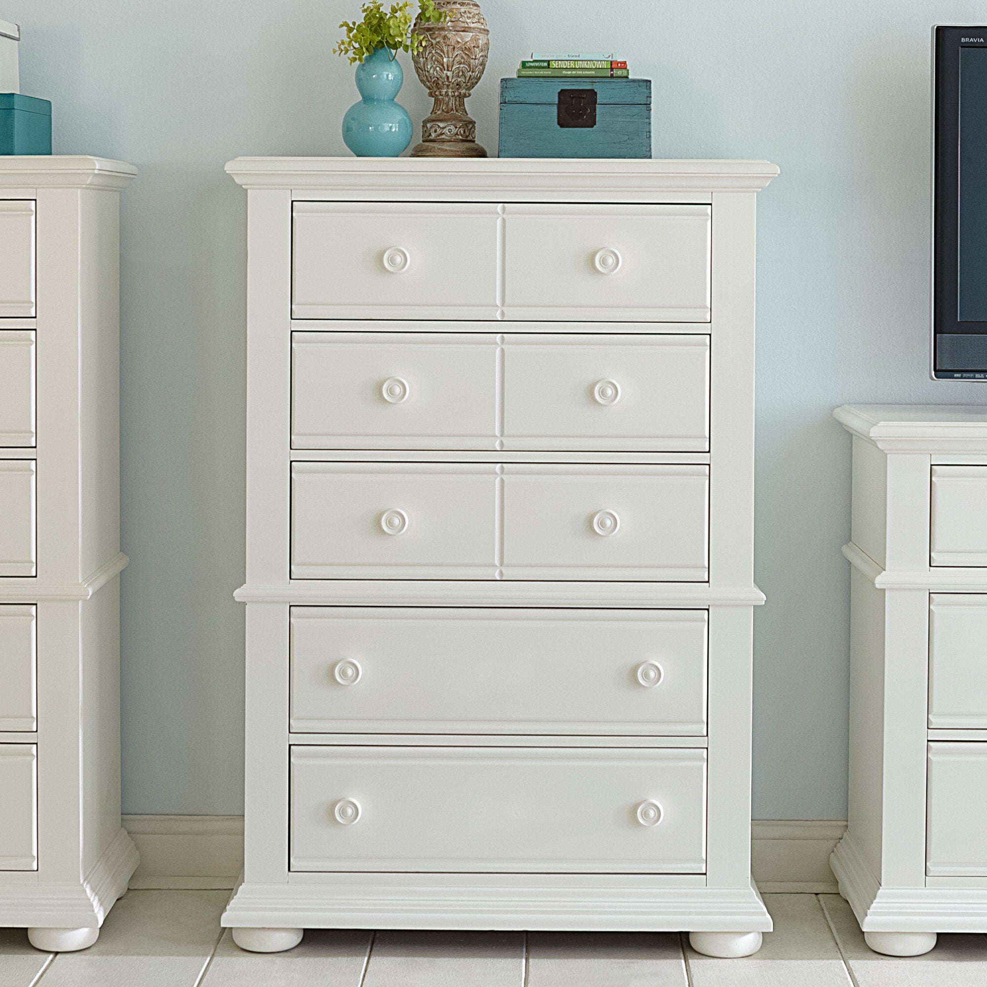 Commode 5 tiroirs — Fabriquée en pin massif avec du MDF peint