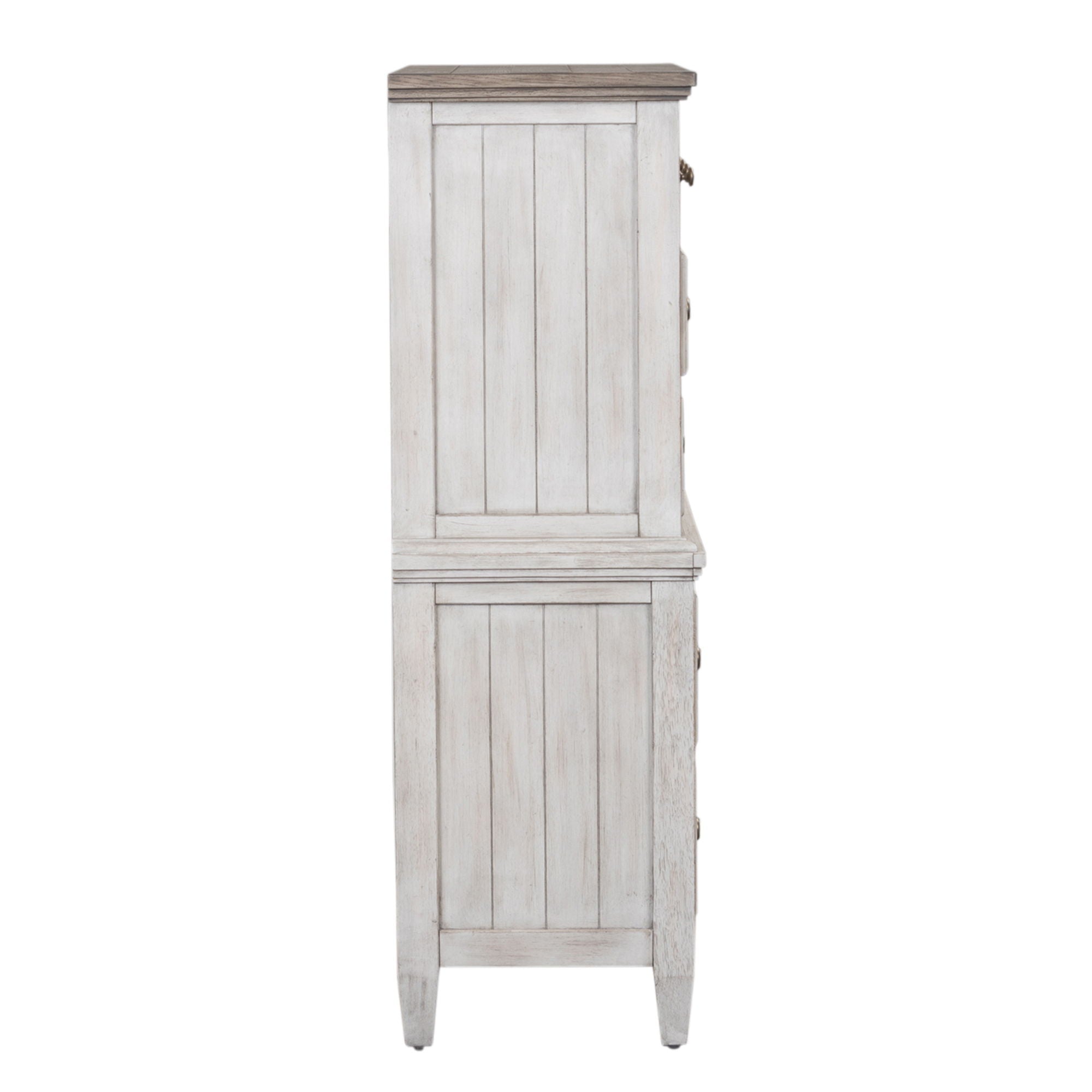 Commode 5 tiroirs – Blanc vieilli / Plateaux Tabac — un ajout de style décontracté pour un look classique à l'ambiance décontractée