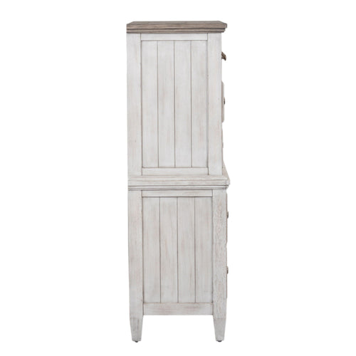 Commode 5 tiroirs – Blanc vieilli / Plateaux Tabac — un ajout de style décontracté pour un look classique à l'ambiance décontractée