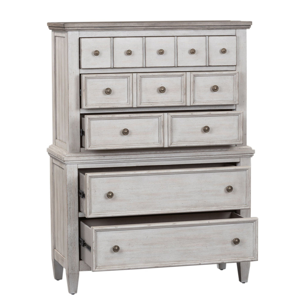 Commode 5 tiroirs – Blanc vieilli / Plateaux Tabac — un ajout de style décontracté pour un look classique à l'ambiance décontractée