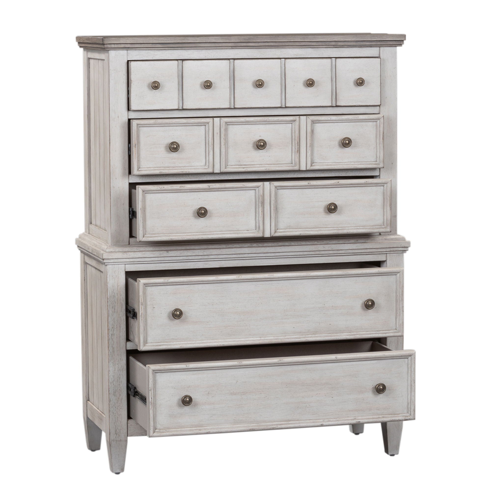 Commode 5 tiroirs – Blanc vieilli / Plateaux Tabac — un ajout de style décontracté pour un look classique à l'ambiance décontractée