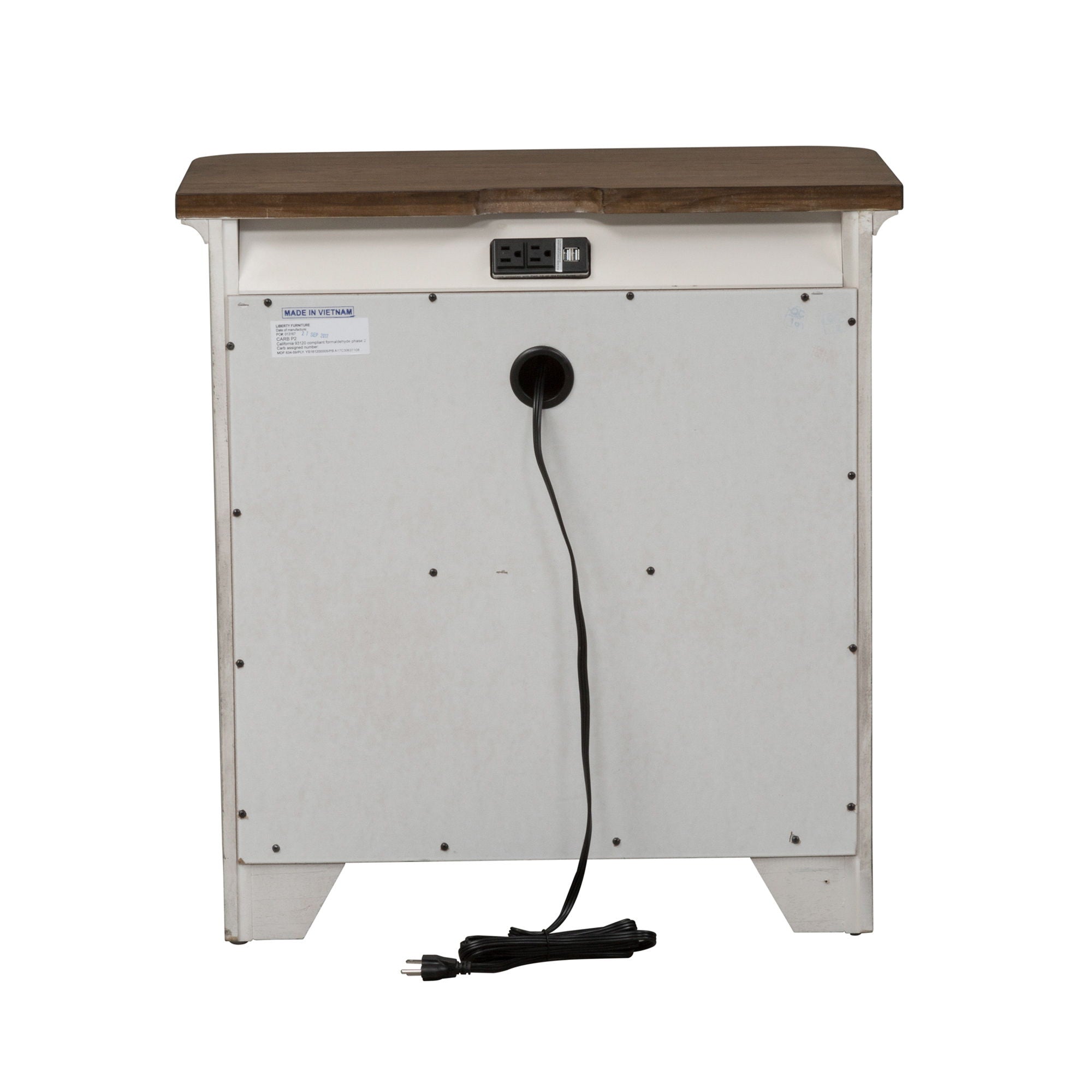 Table de chevet à 3 tiroirs avec station de charge - Blanc antique / Dessus couleur châtaigne — Des looks qui s'intègrent facilement dans les maisons d'aujourd'hui