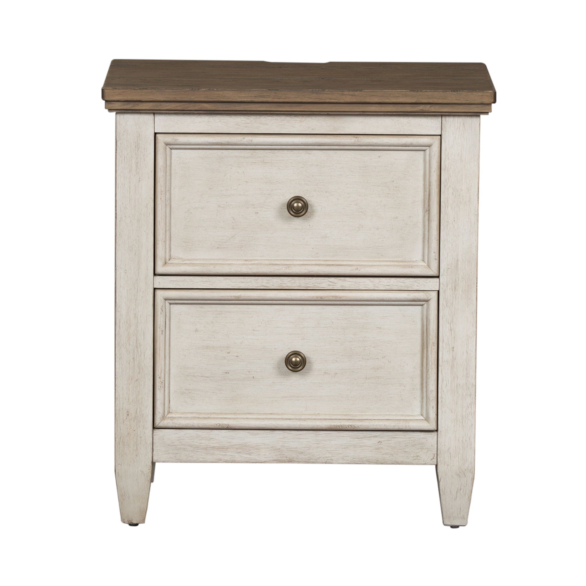 Table de chevet à 2 tiroirs avec station de charge - Blanc antique / Dessus couleur tabac — Des looks qui s'intègrent facilement aux maisons d'aujourd'hui
